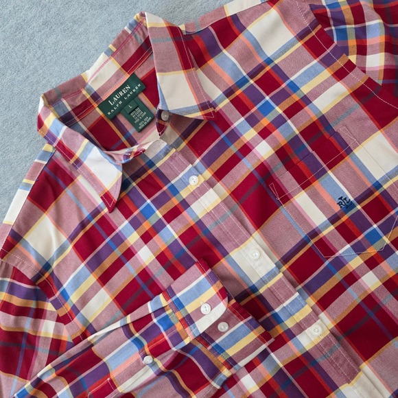Lauren Ralph Lauren Tops - Lauren Ralph Lauren Womens Red Multi Plaid 100% Silk Button Down Shirt Large
